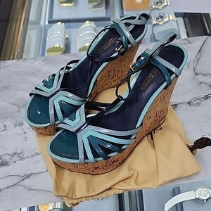 Authentic Louis Vuitton Blue Green Tri-Color Women's Cork Wedges Size 36